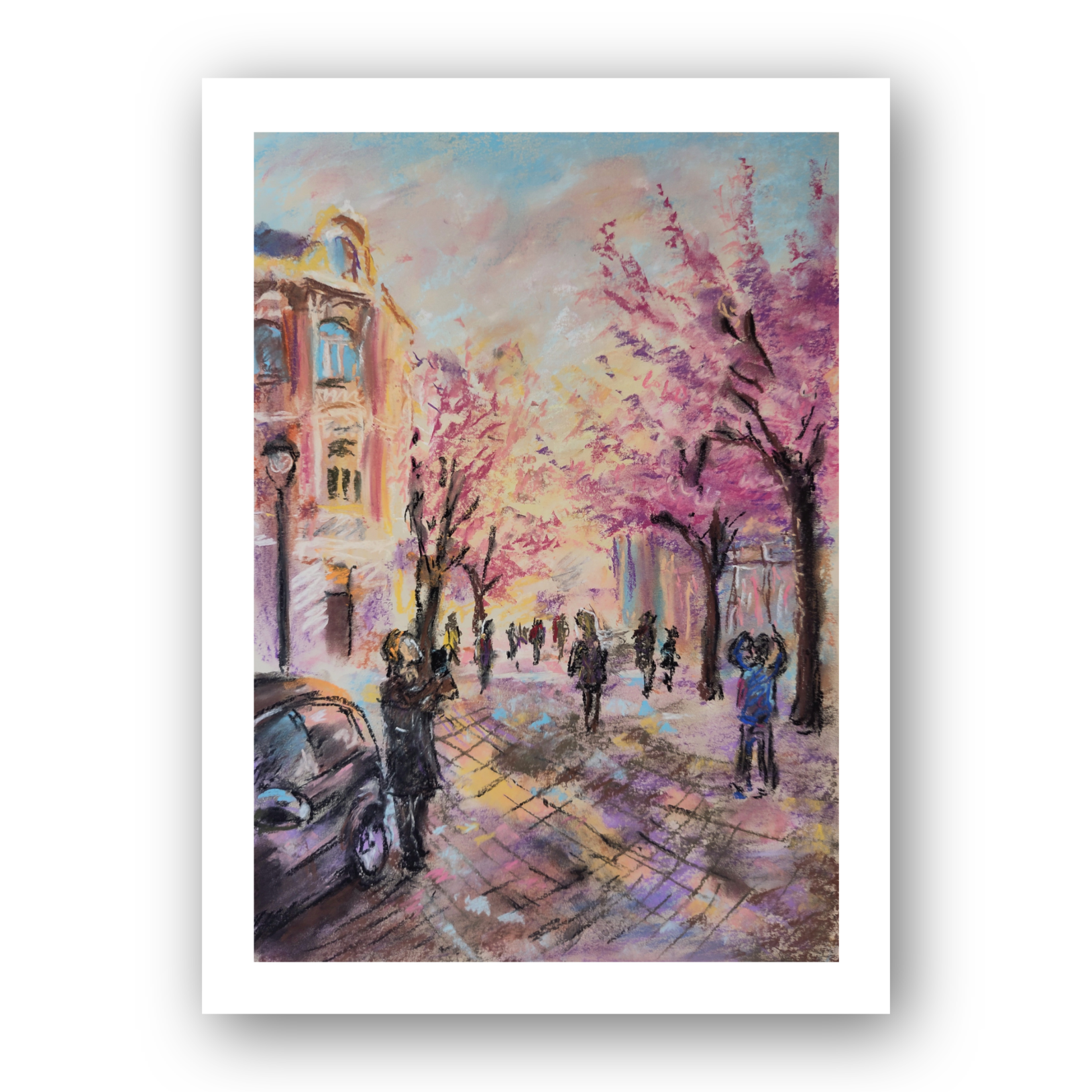 Bonn Cherry blossom street Original art Pastel painting by Julia Grechkina