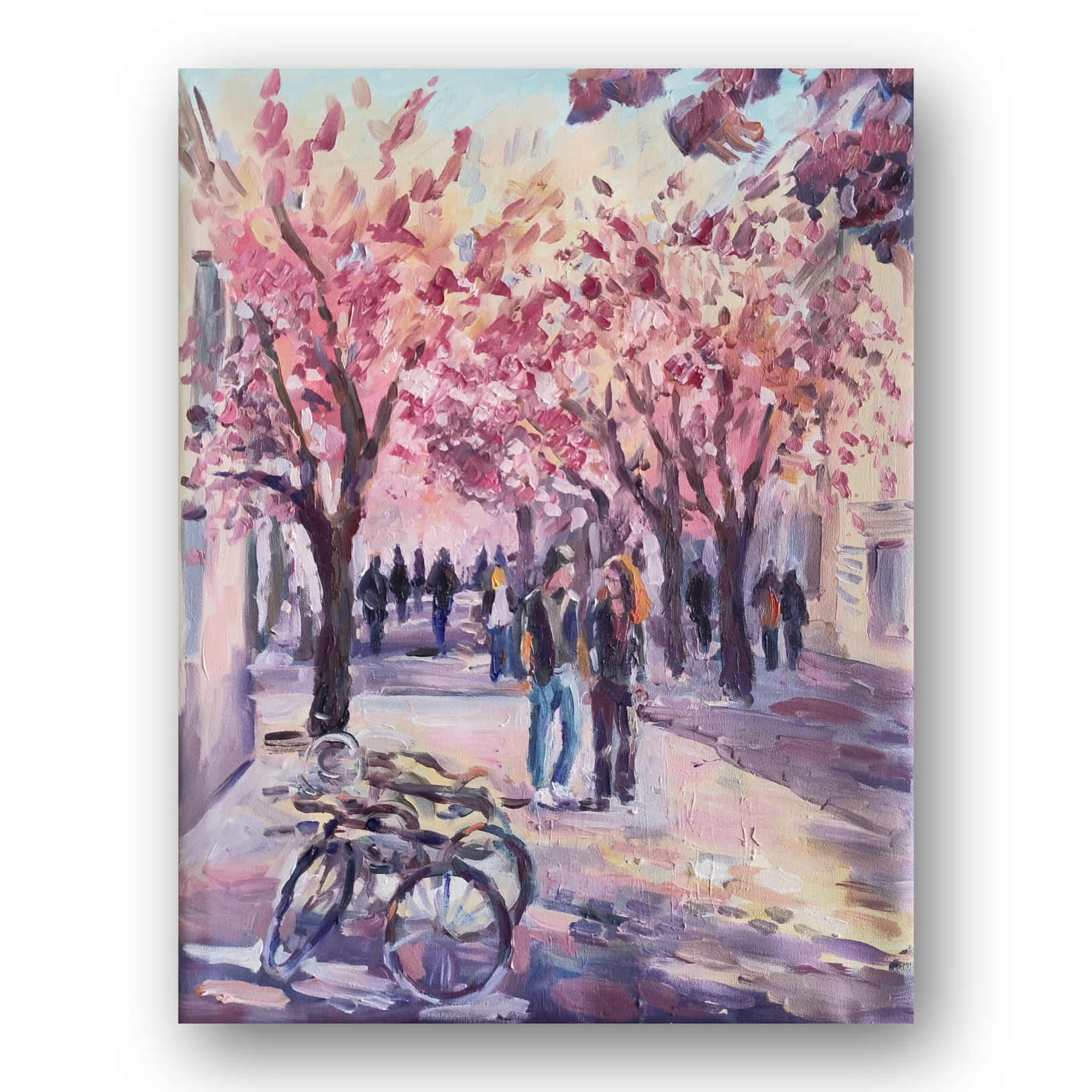 Bonn Cherry blossom street Original art Oil painting by Julia Grechkina