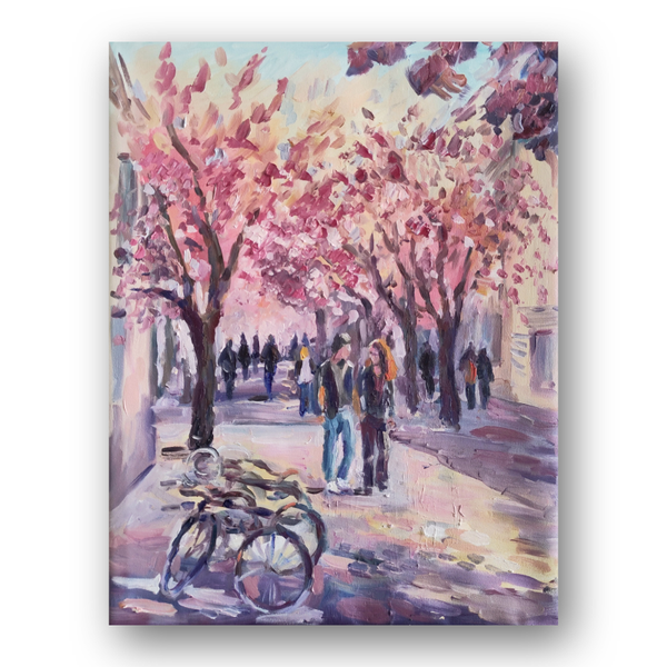 Bonn Cherry blossom street Original art Oil painting by Julia Grechkina