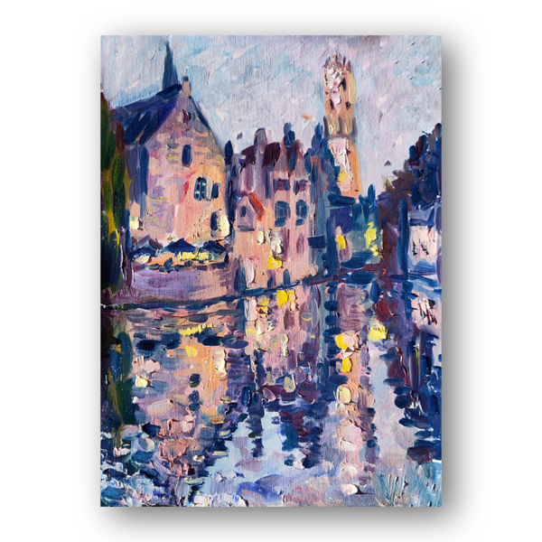 Bruges Original Oil Painting, European Cityscape Art, Canal Bridge at Dusk, Original Watercolour, Romantic Wall Art