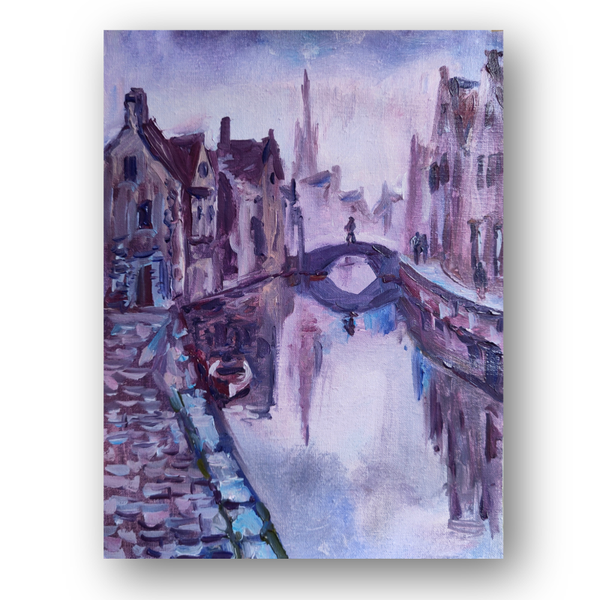 Bruges Original Oil Painting, European Cityscape Art, Canal Bridge at Dusk, Original Watercolour, Romantic Wall Art