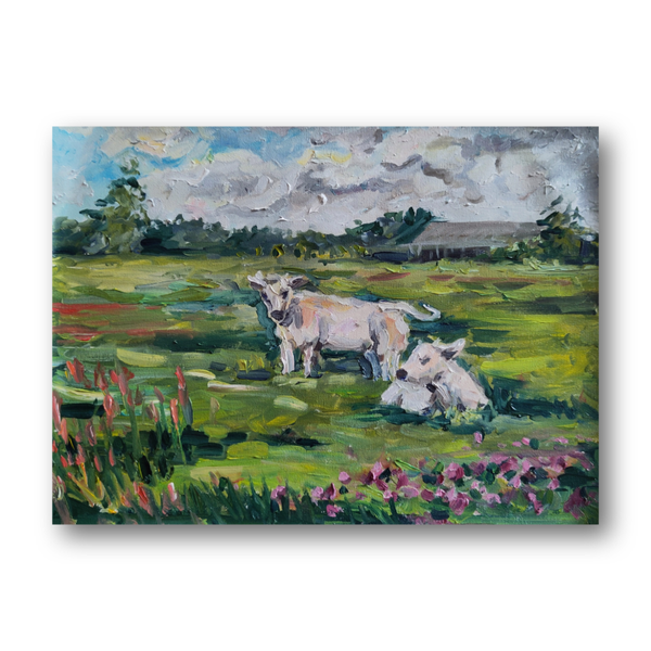Cows in the meadow Oil on panel framed