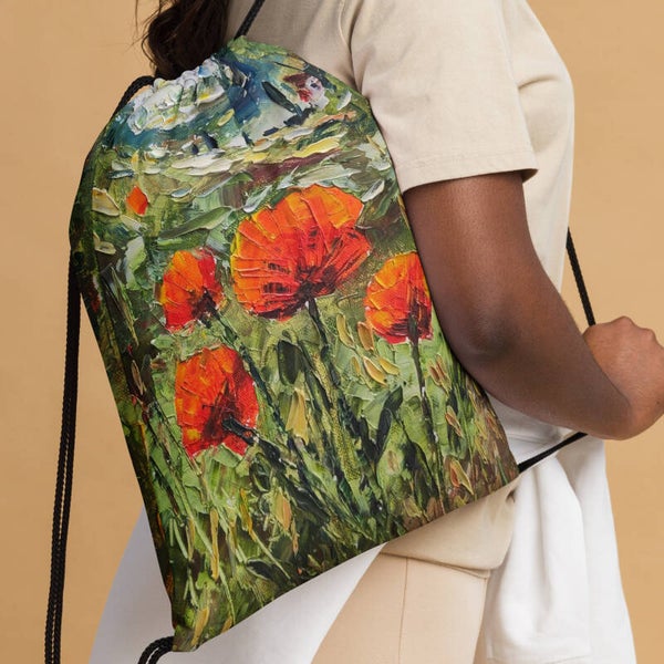 Floral art bag Poppy Drawstring bag on demand Purple bag with unique print