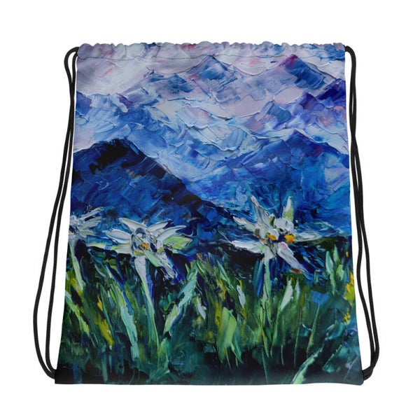 Floral art bag Edelweiss Drawstring bag on demand Purple bag with unique print