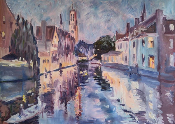 Bruges Original Oil Painting, European Cityscape Art, Canal Bridge at Dusk, Original Watercolour, Romantic Wall Art