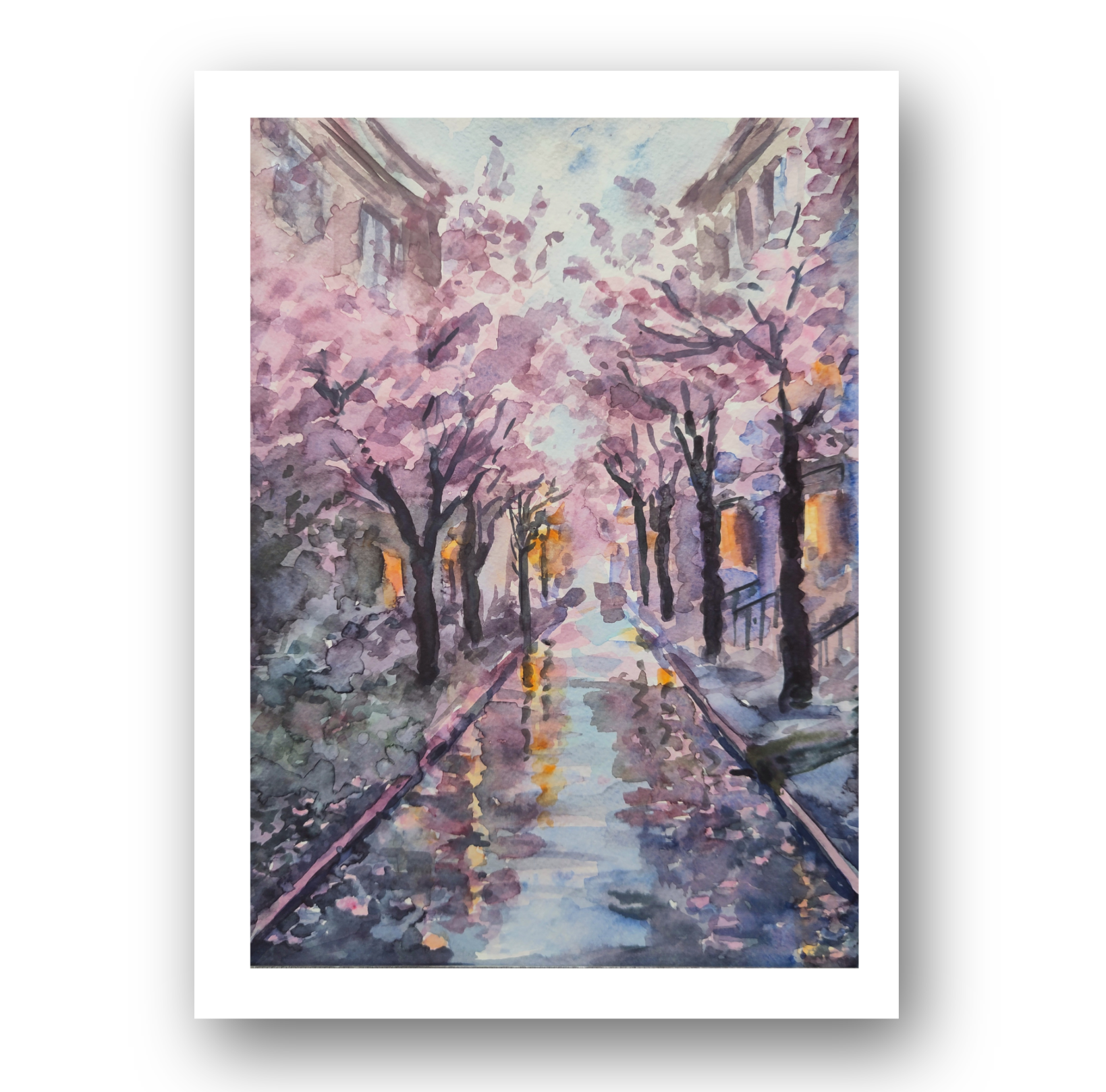 Cherry blossom street Rainy art Watercolor handmade painting.png