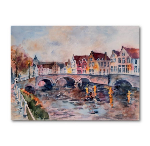 Bruges Watercolor Painting, European Cityscape Art, Canal Bridge at Dusk, Original Watercolour, Romantic Wall Art