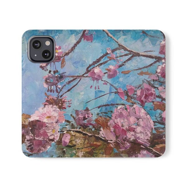 Cherry Blossom Floral Phone Flip Wallet Case: Faux Leather Klaphandyhulle