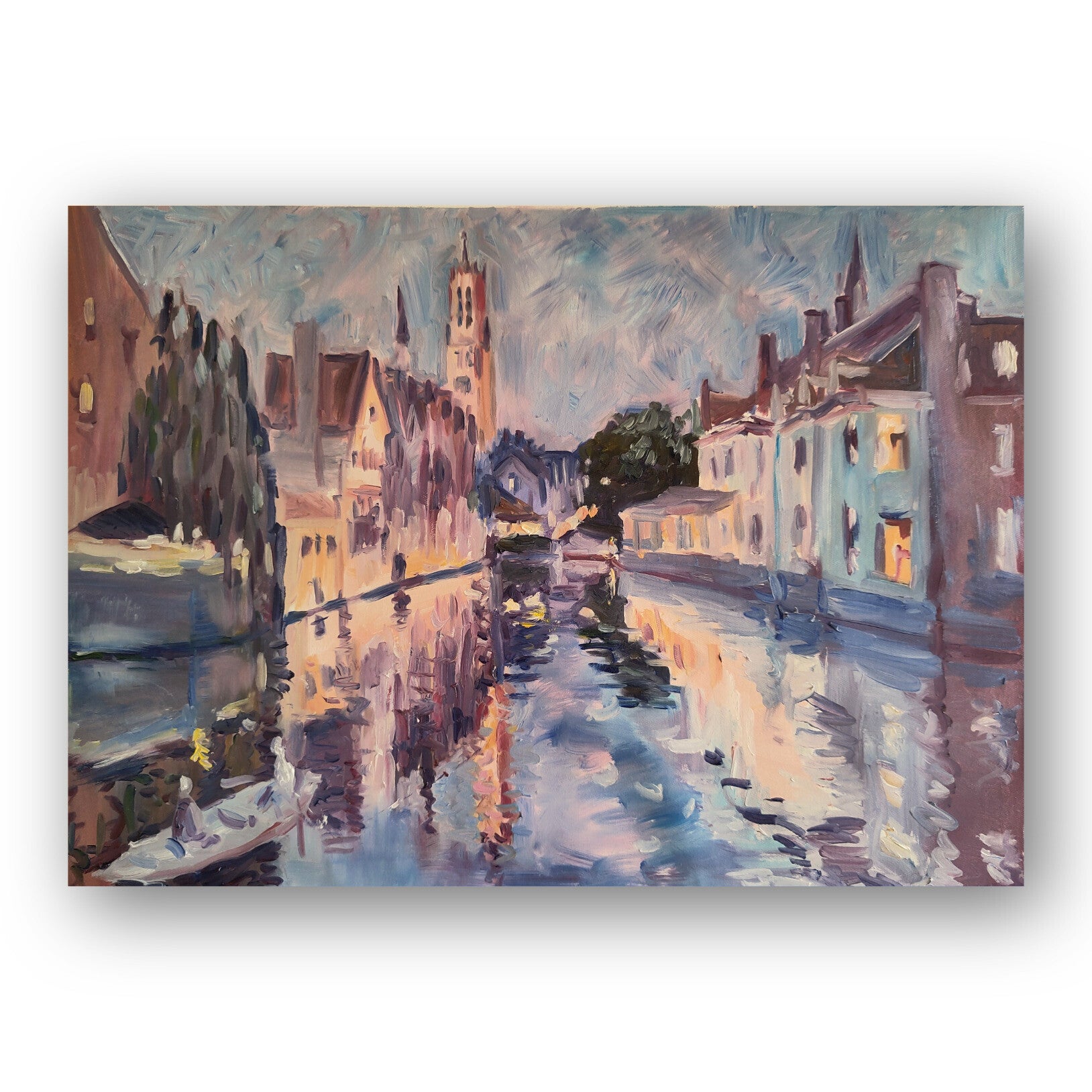 Bruges Original Oil Painting, European Cityscape Art, Canal Bridge at Dusk, Original Watercolour, Romantic Wall Art