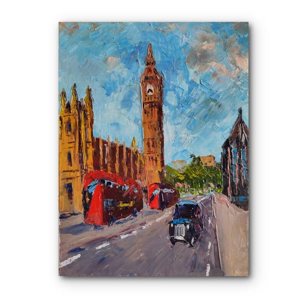 Big Ben Oil Painting: London Bus Art, England Artwork