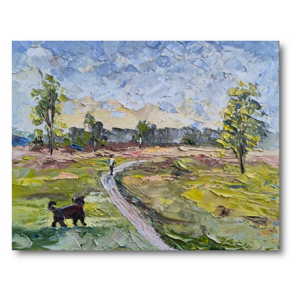 Dog and dad art Plein air painting Oil painting Original artwork Dog and man art Dog walk painting