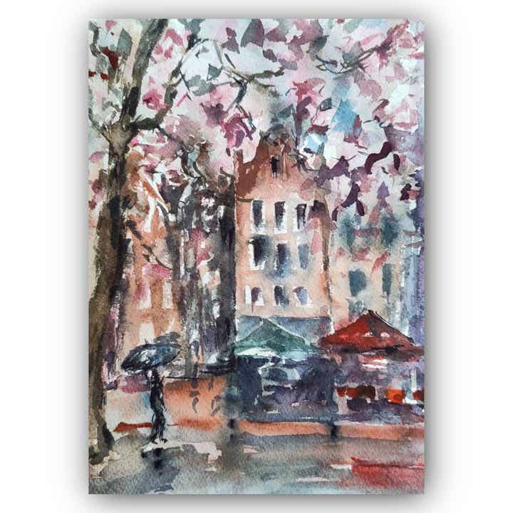 Amsterdam art Cherry blossom art Watercolor art HANDMADE ART