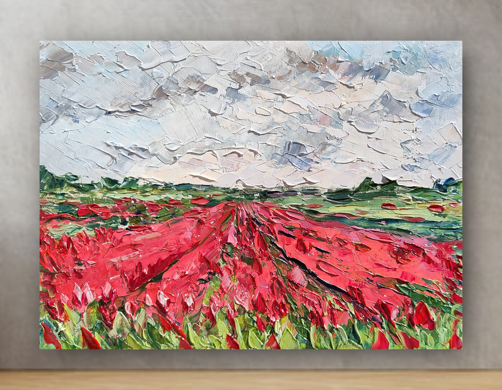 Tulpenveld in Nederland Originele kunst Olieschilderij Canvas kunst 30 x 40 cm