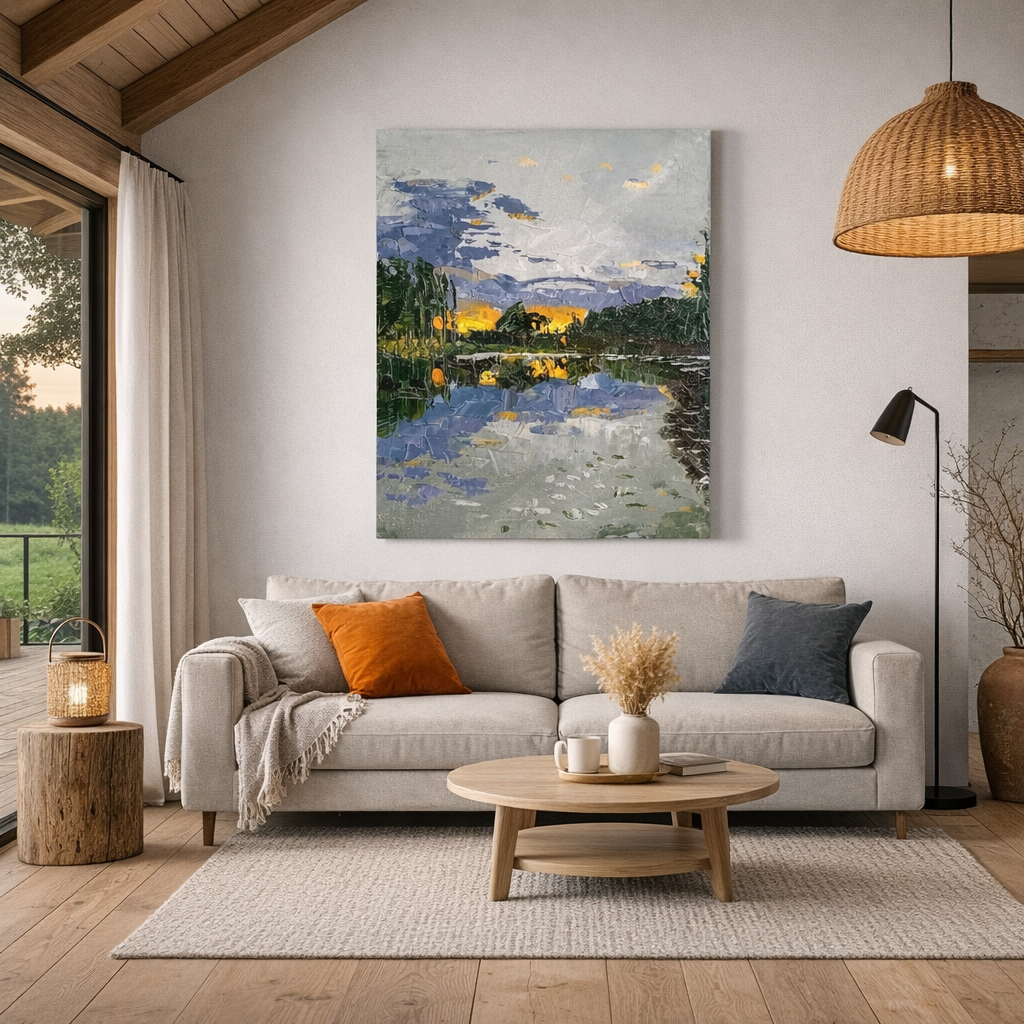 Sunset in water landscape Semi abstract painting Oil art on canvas