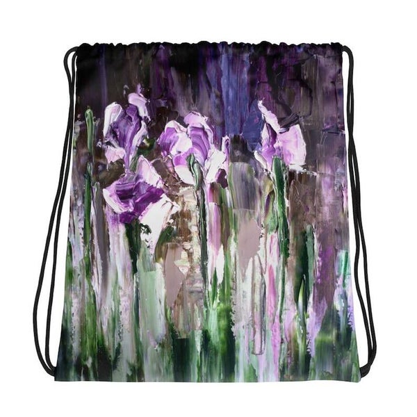 Floral art bag Irises Drawstring bag on demand Purple bag with unique print