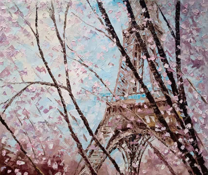 Cherry blossom Paris art Oil painting Original art 28 x 24 in 70 x 60 cm