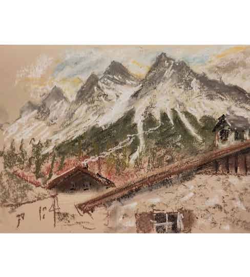 Alpine village in winter. pastel, paper, 8 x 12 inches, 20 x 30 cm