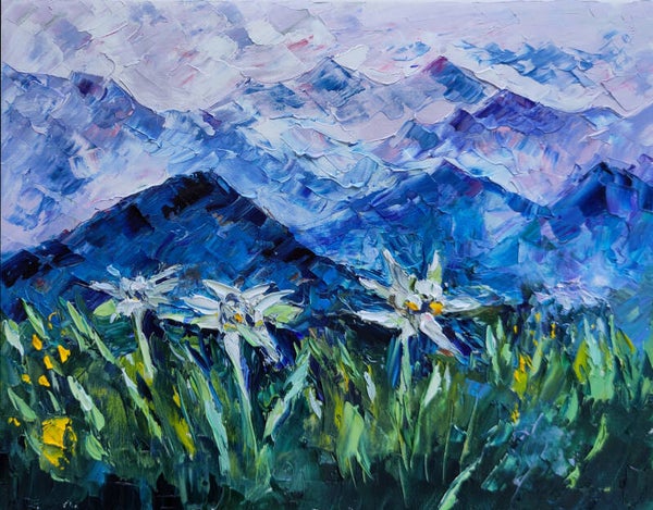Edelweiss Kunst Originalkunstölmalerei Blume Kunstwerk Alpine Landschaft