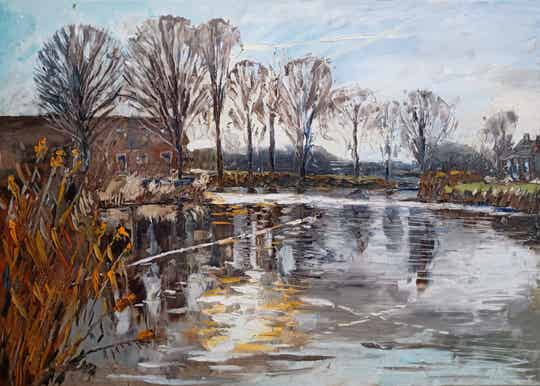Autumn Pond in Naarden, Holland – Oil Painting Landscape, Handmade Original Art from Life