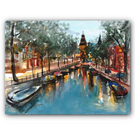 Amsterdam painting Original art Watercolor artwork Cityscape watercolor art Watercolor painting Boats art