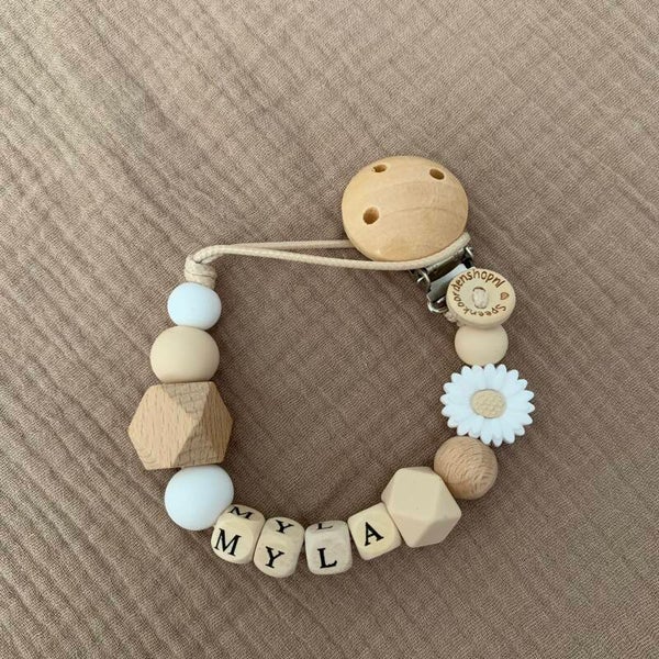 Speenkoord met naam | beige - hout - bloem