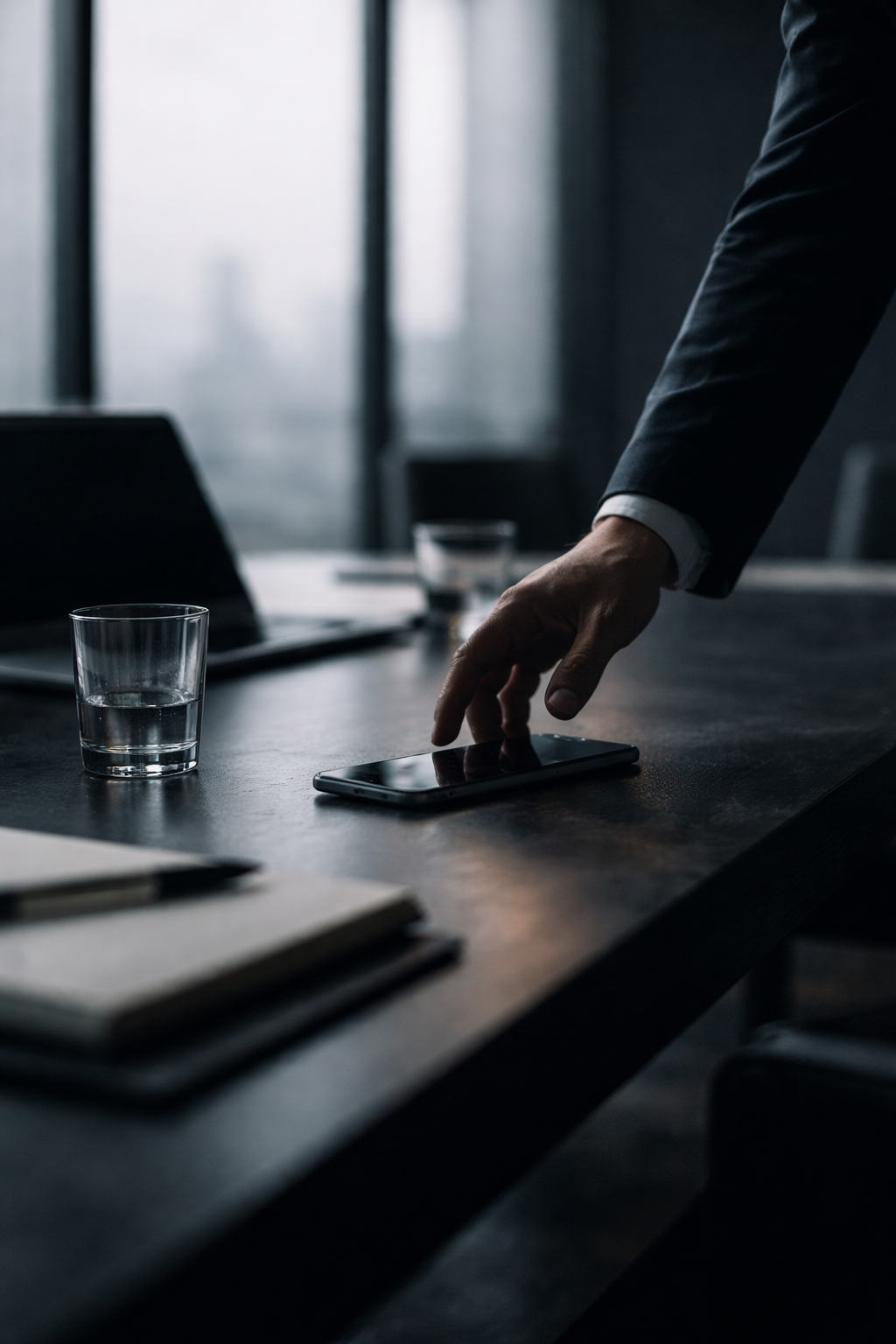 Boardroom with meeting table and chairs around it.