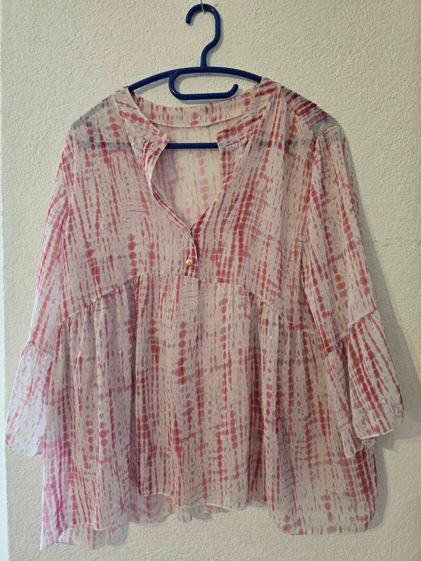 Transparente Bluse mit Rüschenärmeln - Pink Weiss Gold