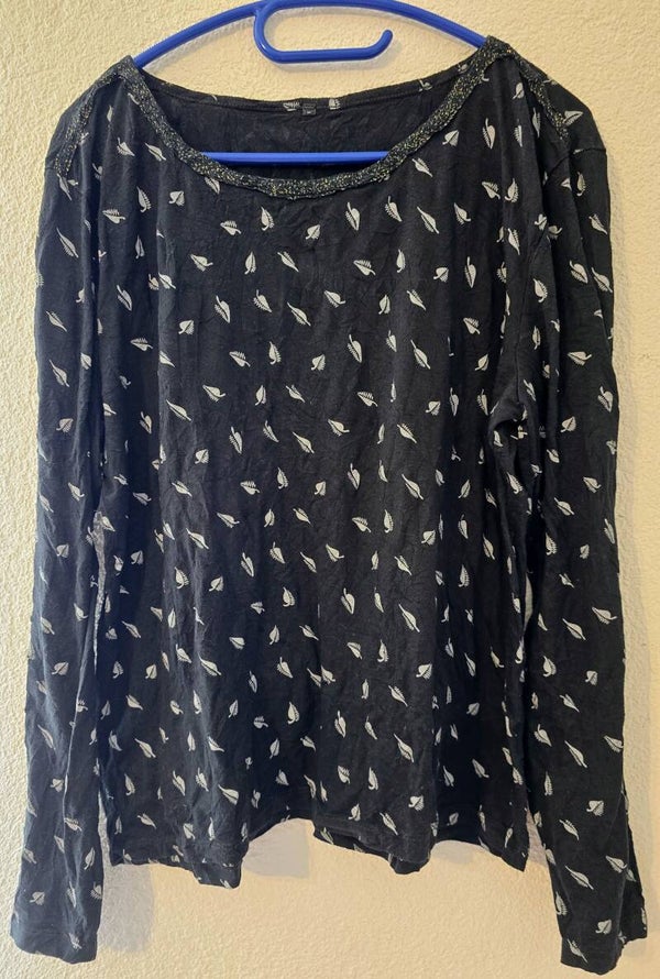 Elegantes Damen Langarmshirt Grösse L Schwarz mit Blätter-Print