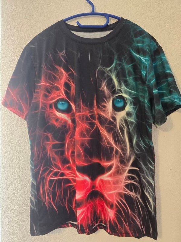 Auffälliges T-Shirt mit Neon-Löwenkopf Gr. M – Beidseitiger Print – Neuwertig
