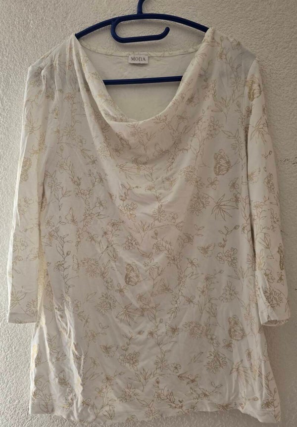 Mona Langarmshirt XL Weiss Gold Blumen Schmetterlinge