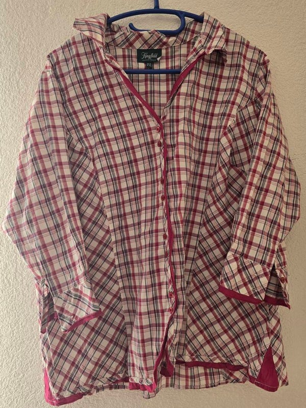 Kingfield Damen Bluse Gr. 46 Kariert Rot Weiss Langarm Hemd Top