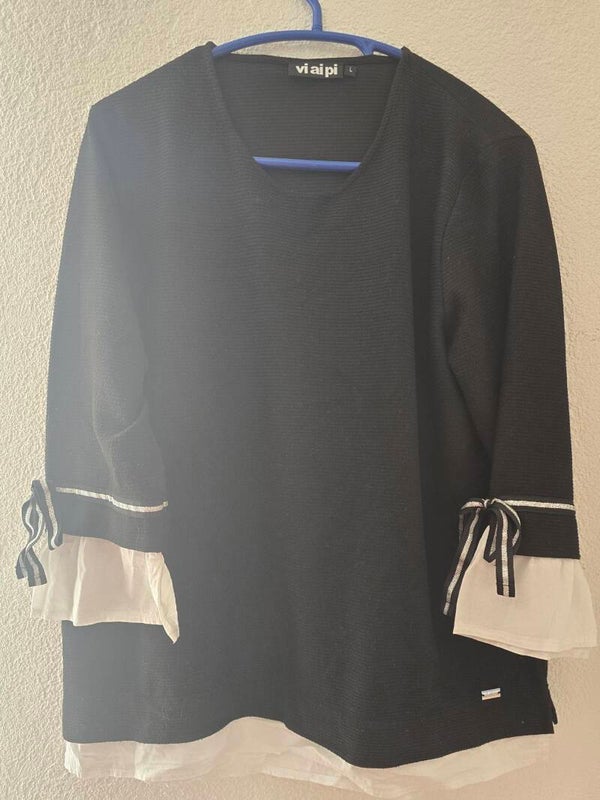 Vi Ai Pi Damen Longsleeve Gr. L Schwarz mit weissen Manchetten & Schleifen