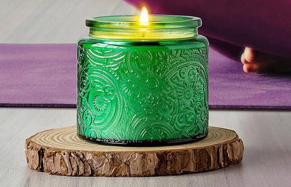 Green 10 ounce Embossed Candle Jar with Tin Lid - Christmas Morning