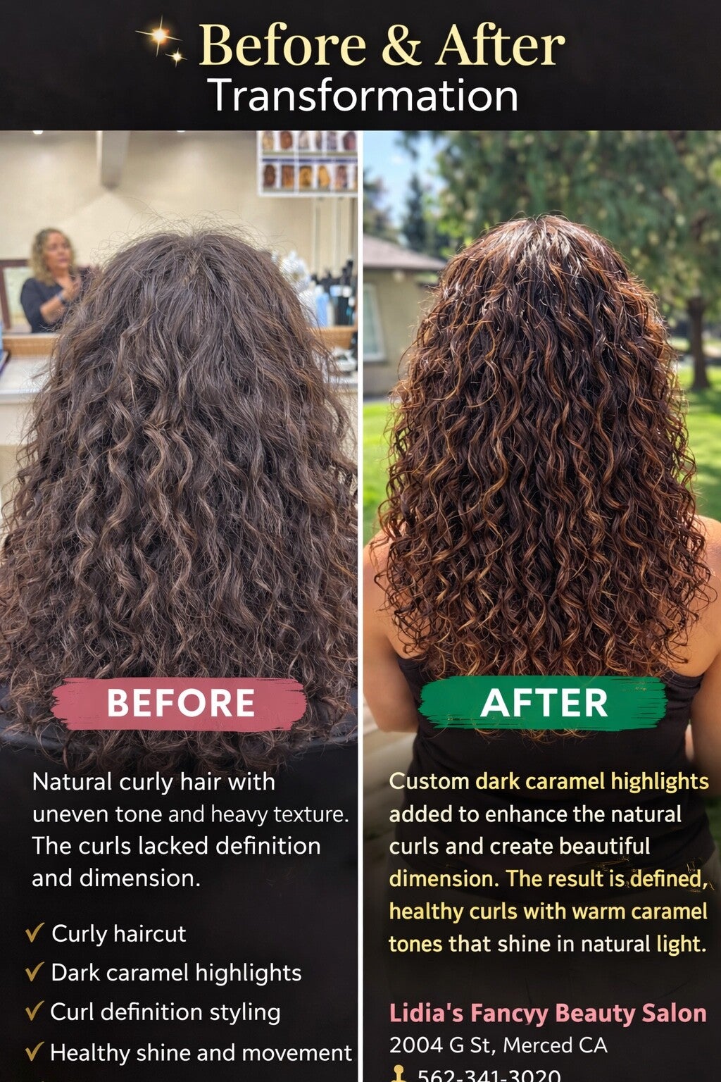 Antes y después de rizos con luces caramelo