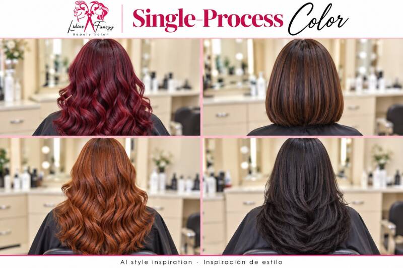 All-Over Color $180+ | Single-process color, from rich brunettes to warm copper. Color completo de un proceso: castaños y cobrizos.