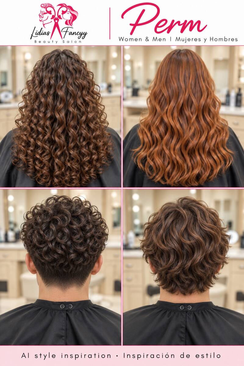 Perm for Women &amp; Men $200+ | Permanente para mujeres y hombres. 2 hours / 2 horas. Defined curls and soft waves / Rizos definidos y ondas suaves. AI style inspiration / Inspiración creada con IA.