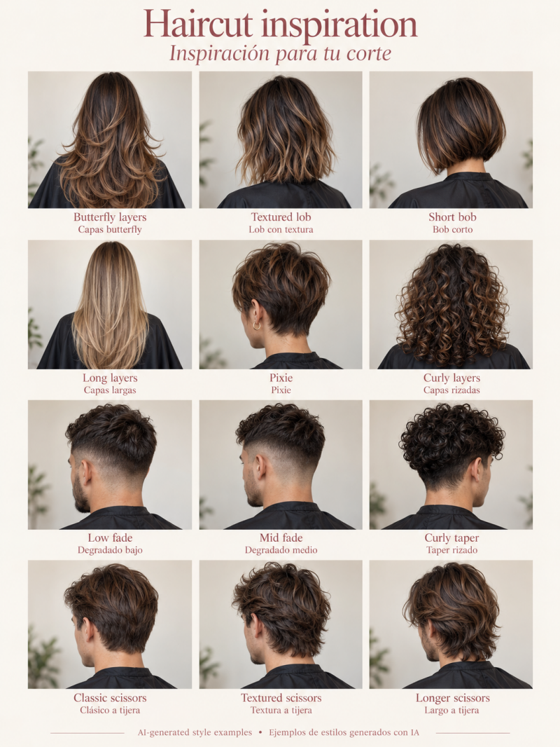 Haircut inspiration: long layers, butterfly, bob, pixie, curls, fades and scissor cuts. AI-generated style examples. Inspiración de cortes: ejemplos creados con IA.