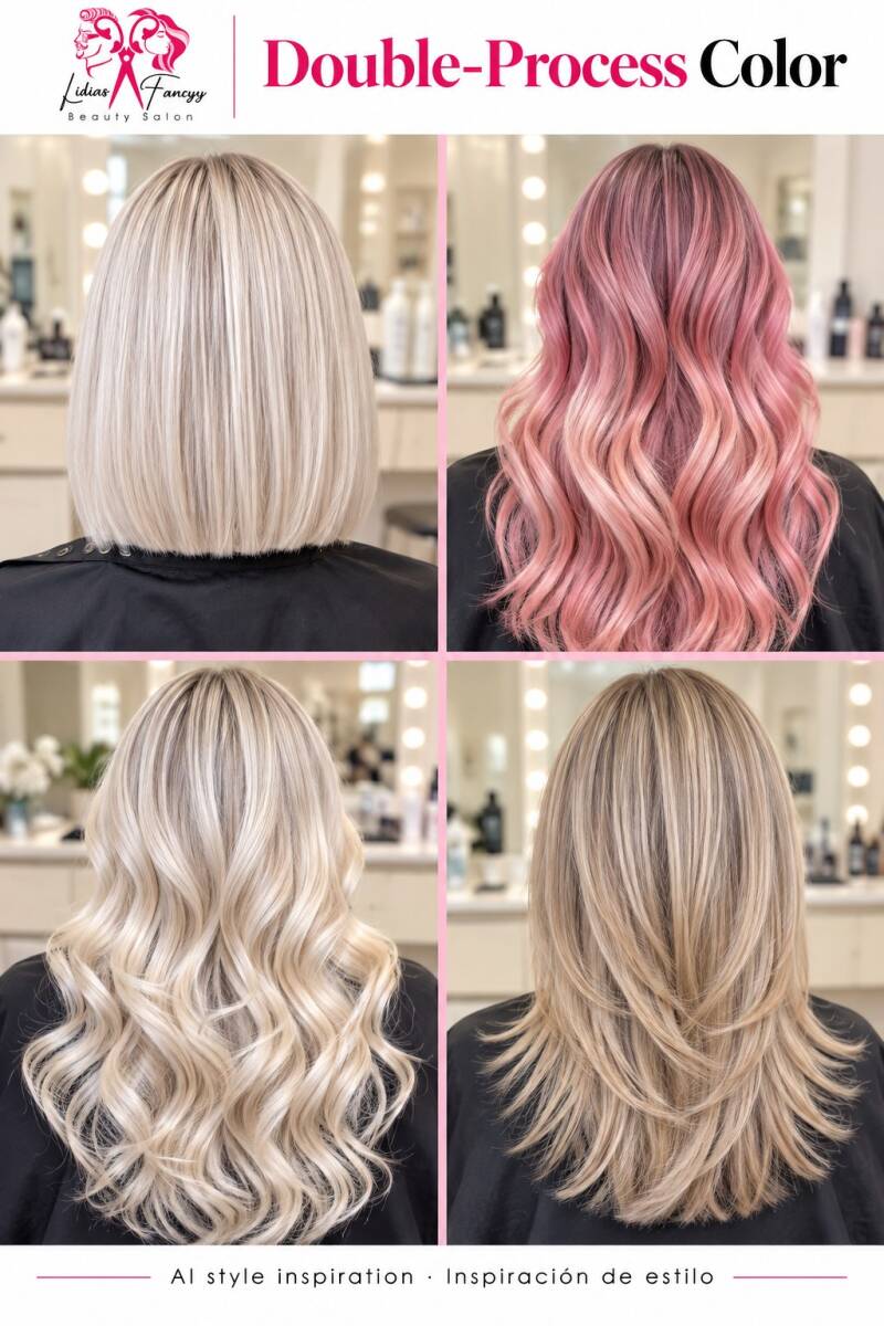 Double Process $400+ | Lightening followed by color or toner. Decoloración seguida de color o matiz, según consulta.