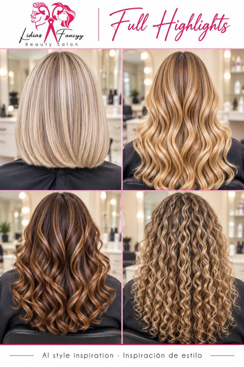 Full Highlights $250+ | All-over brightness with different tones and textures. Iluminaciones completas en distintos tonos y texturas.