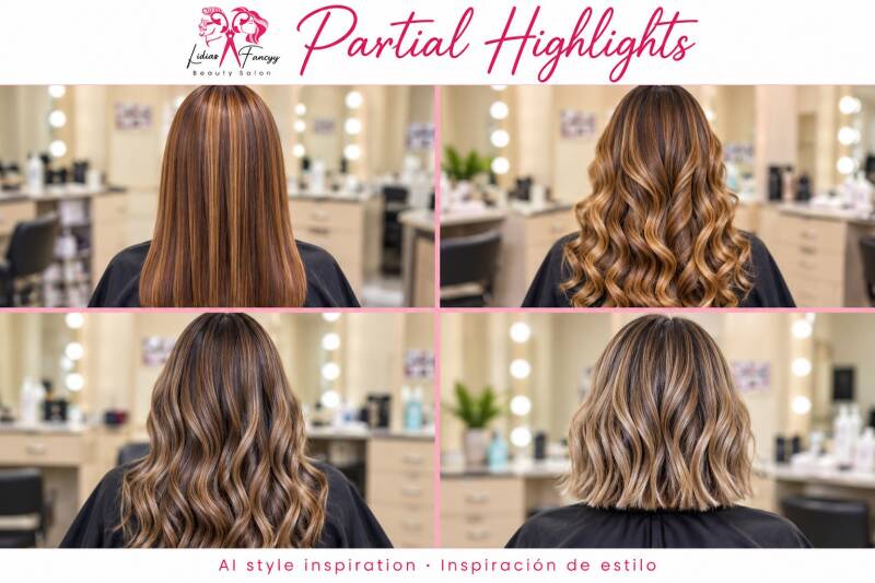 Partial Highlights $180+ | Soft brightness through selected sections. Iluminaciones parciales para un toque de luz.
