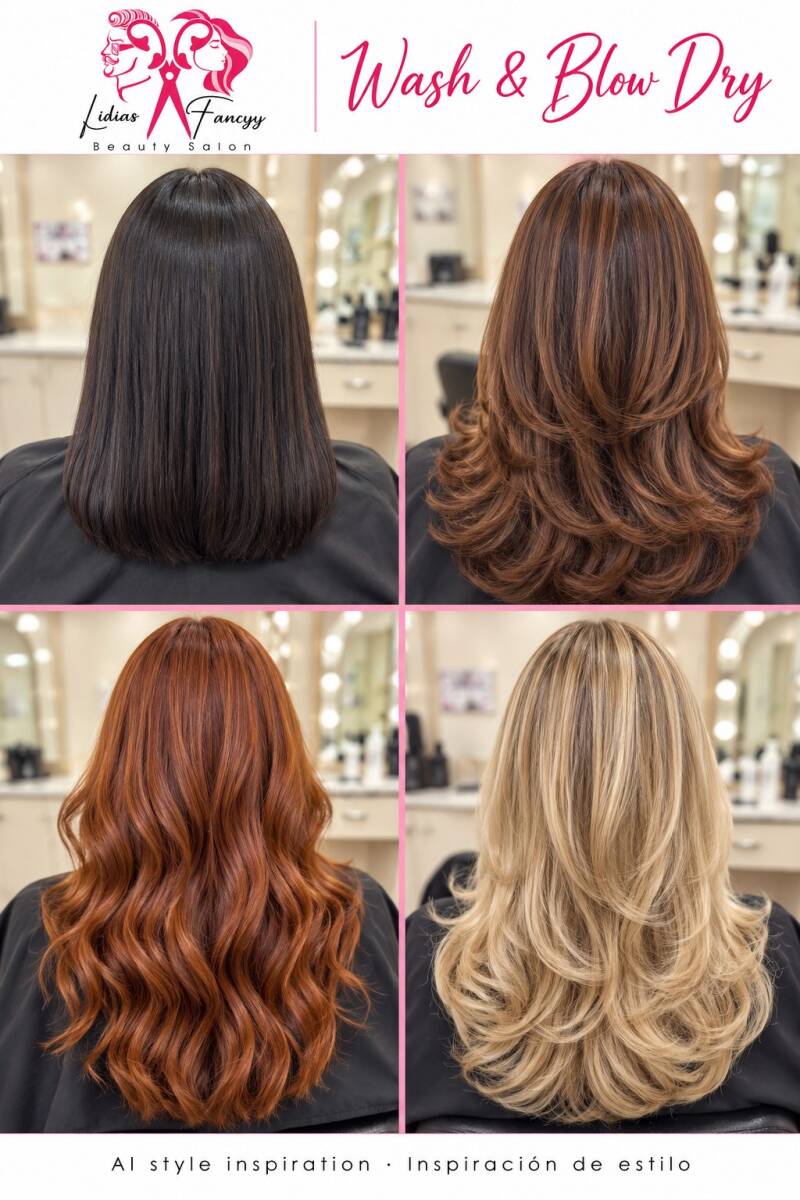 Wash &amp; Blow-Dry $65+ | Smooth, bouncy and textured finishes. Acabados suaves, con volumen y textura.