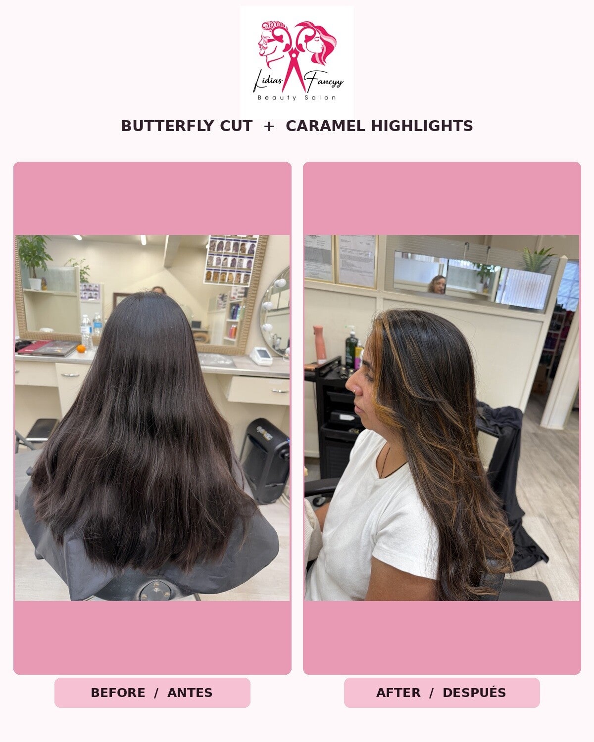 Before and after: butterfly haircut with caramel highlights | Antes y después: corte butterfly con luces caramelo