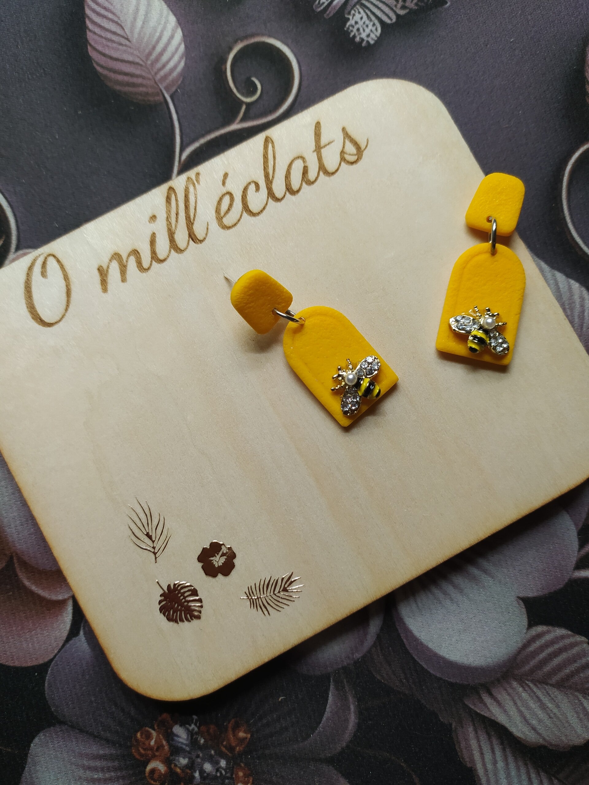 Boucles d'oreilles pendantes Butineuse Argile polymère pro jaune Acier inoxydable or