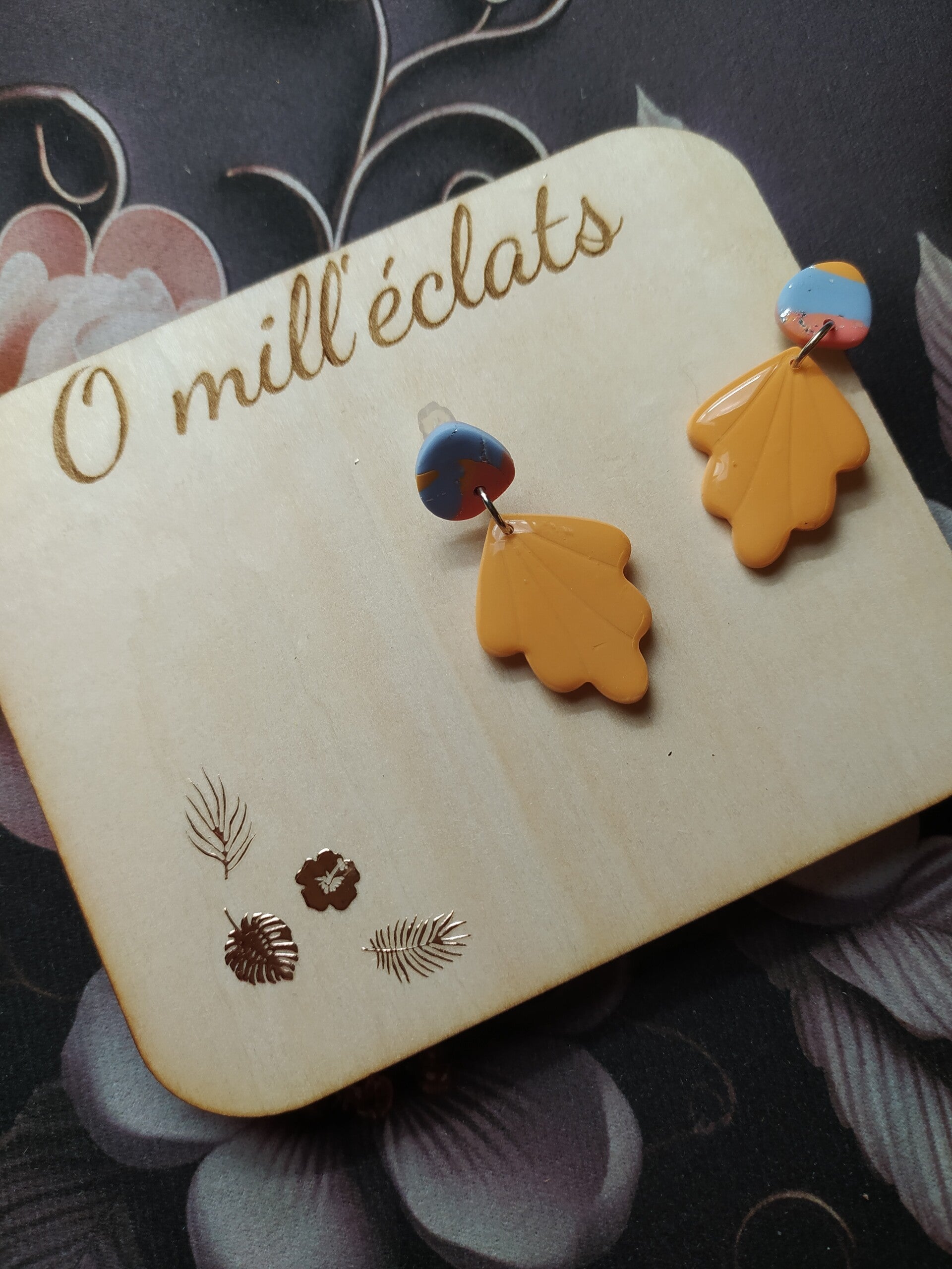 Boucles d'oreilles pendantes Rayon de corail Argile polymère pro jaune-bleu-corail Acier inoxydable argent