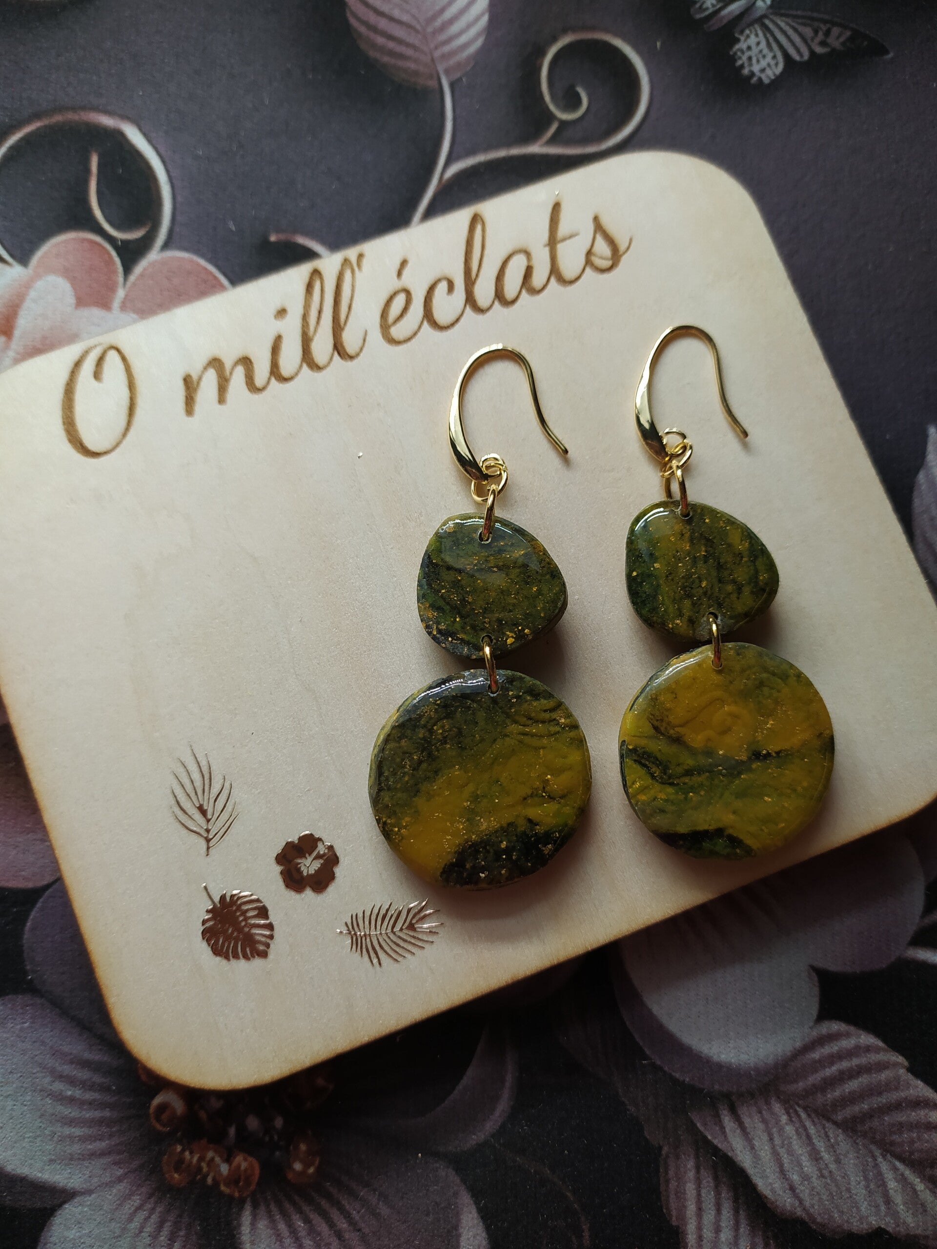 Boucles d'oreilles pendantes Trésor Argile polymère pro vert Acier inoxydable or