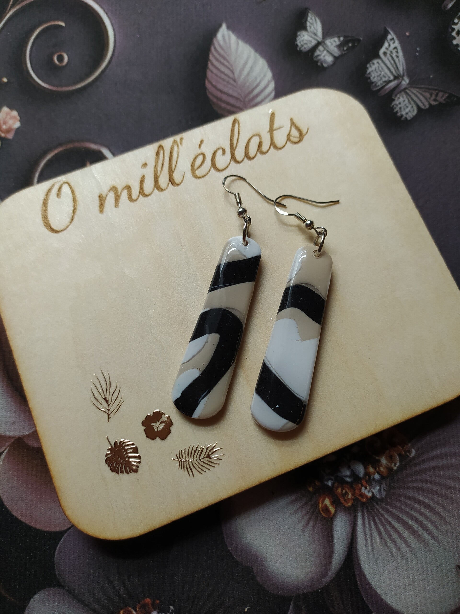 Boucles d'oreilles pendantes Trio sépia Argile polymère pro noir-blanc-beige Acier inoxydable argent