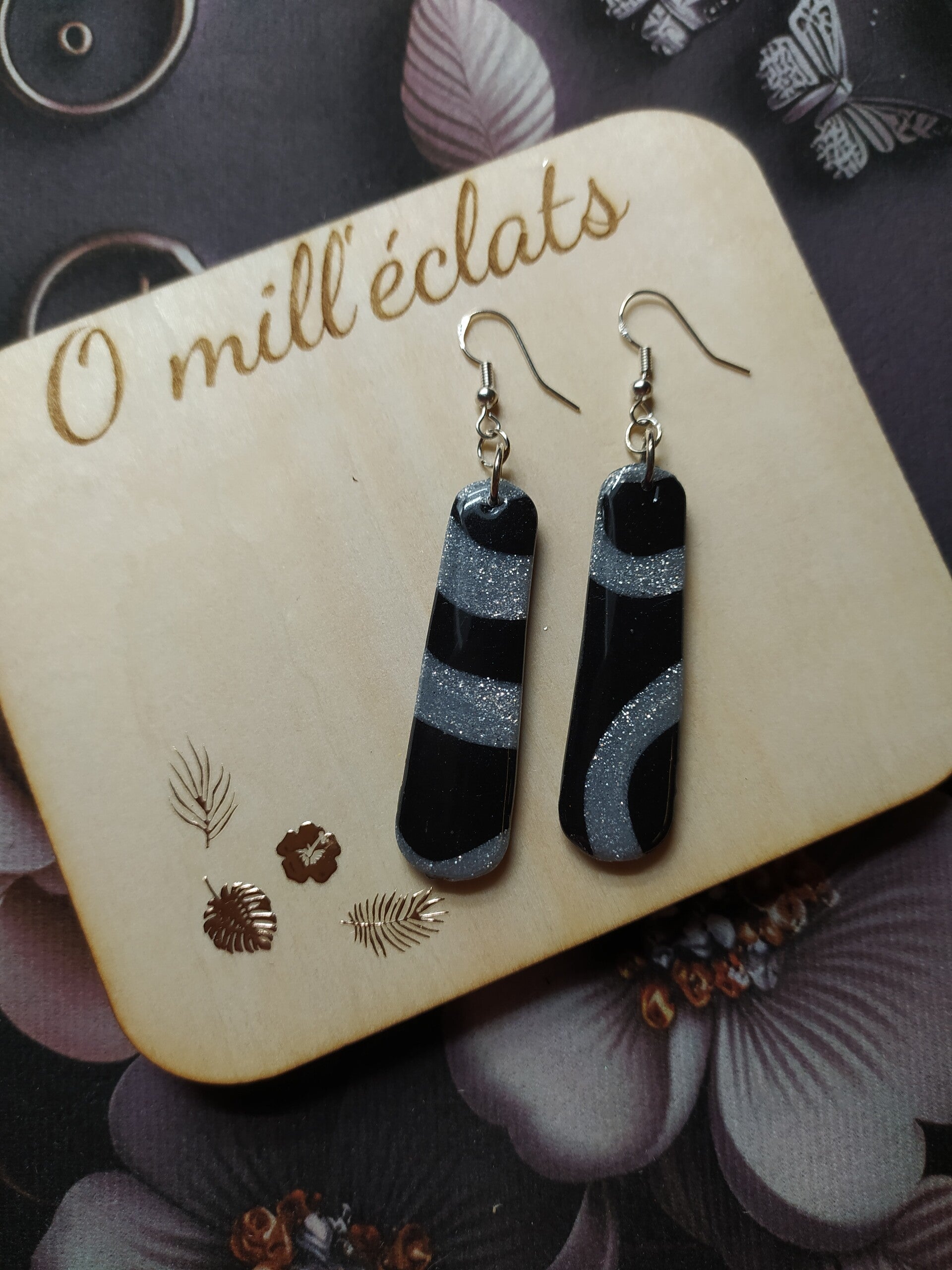 Boucles d'oreilles pendantes Songe d'argent Argile polymère pro noir-gris Acier inoxydable argent