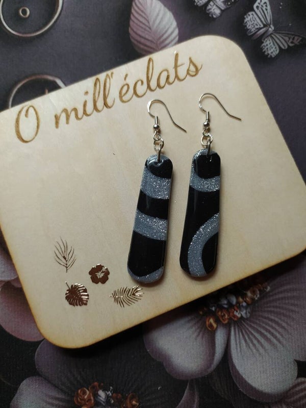 Boucles d'oreilles pendantes Songe d'argent Argile polymère pro noir-gris Acier inoxydable argent