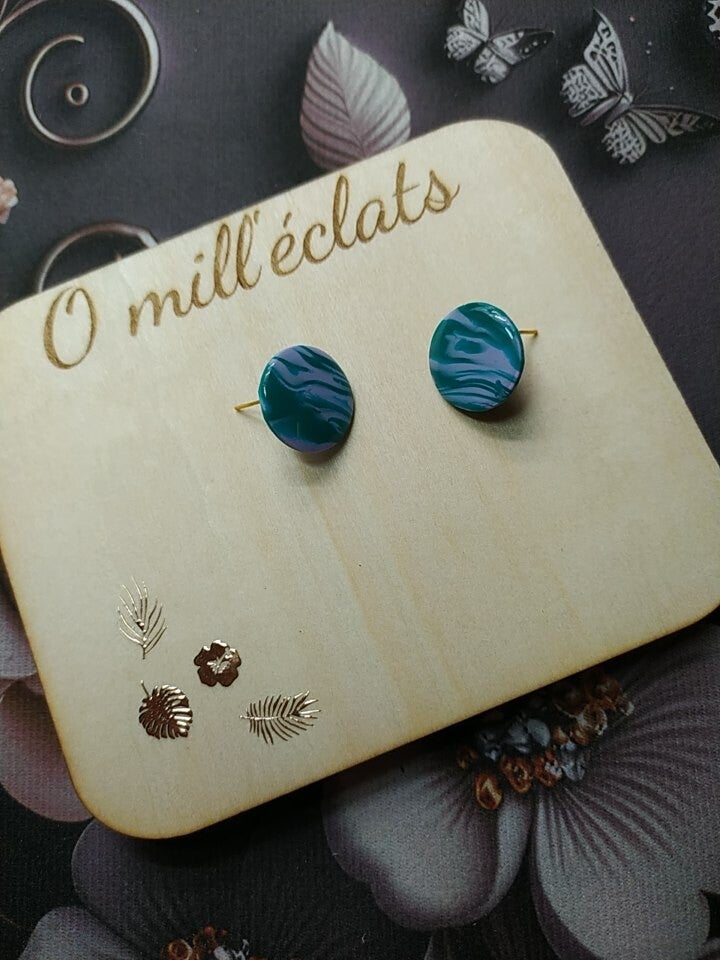 Boucles d'oreilles clou Fusion de lila Argile polymère pro vert-violet Acier inoxydable or