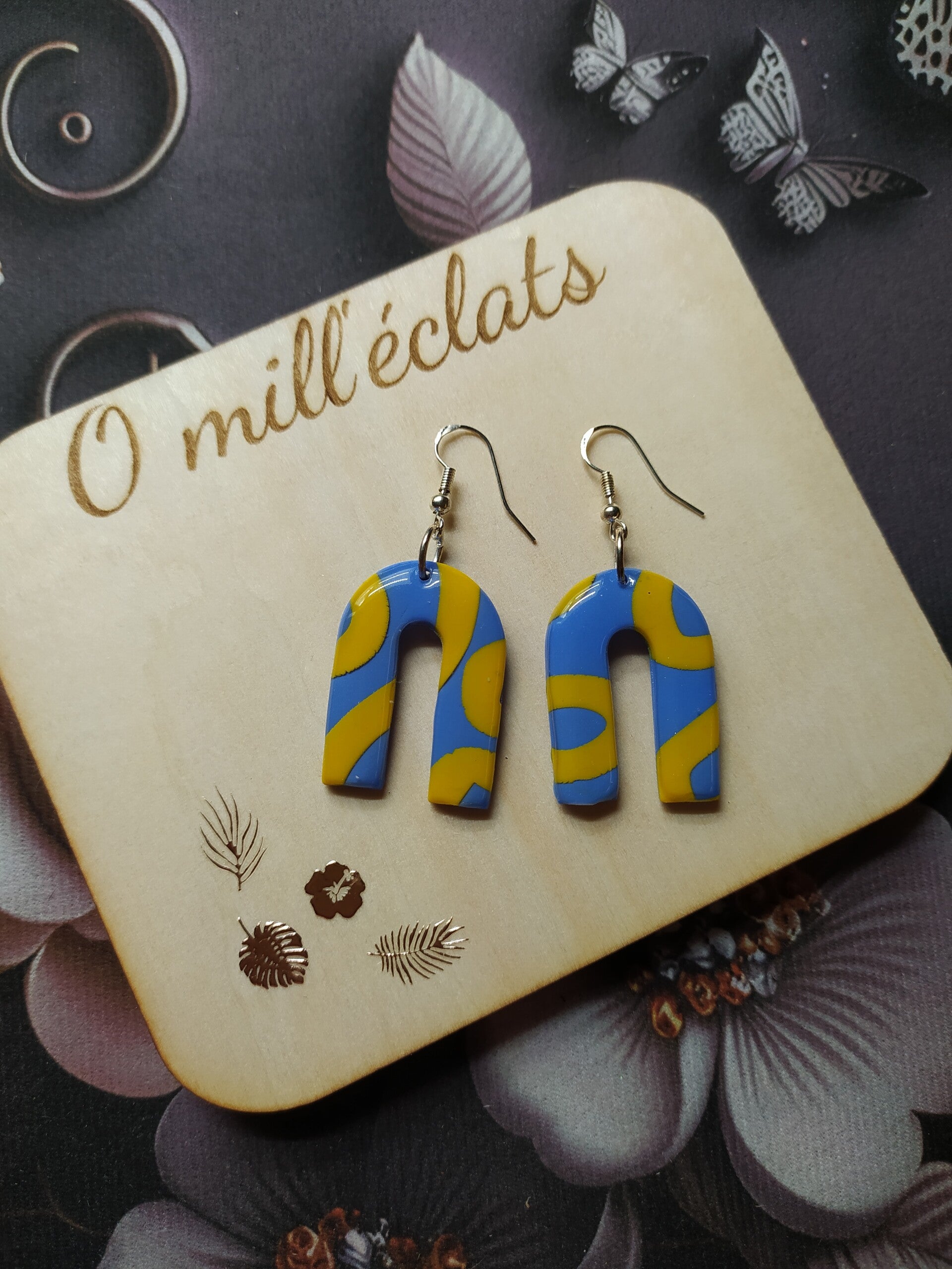 Boucles d'oreilles pendantes Ciel doré Argile polymère pro jaune-bleu Acier inoxydable argent